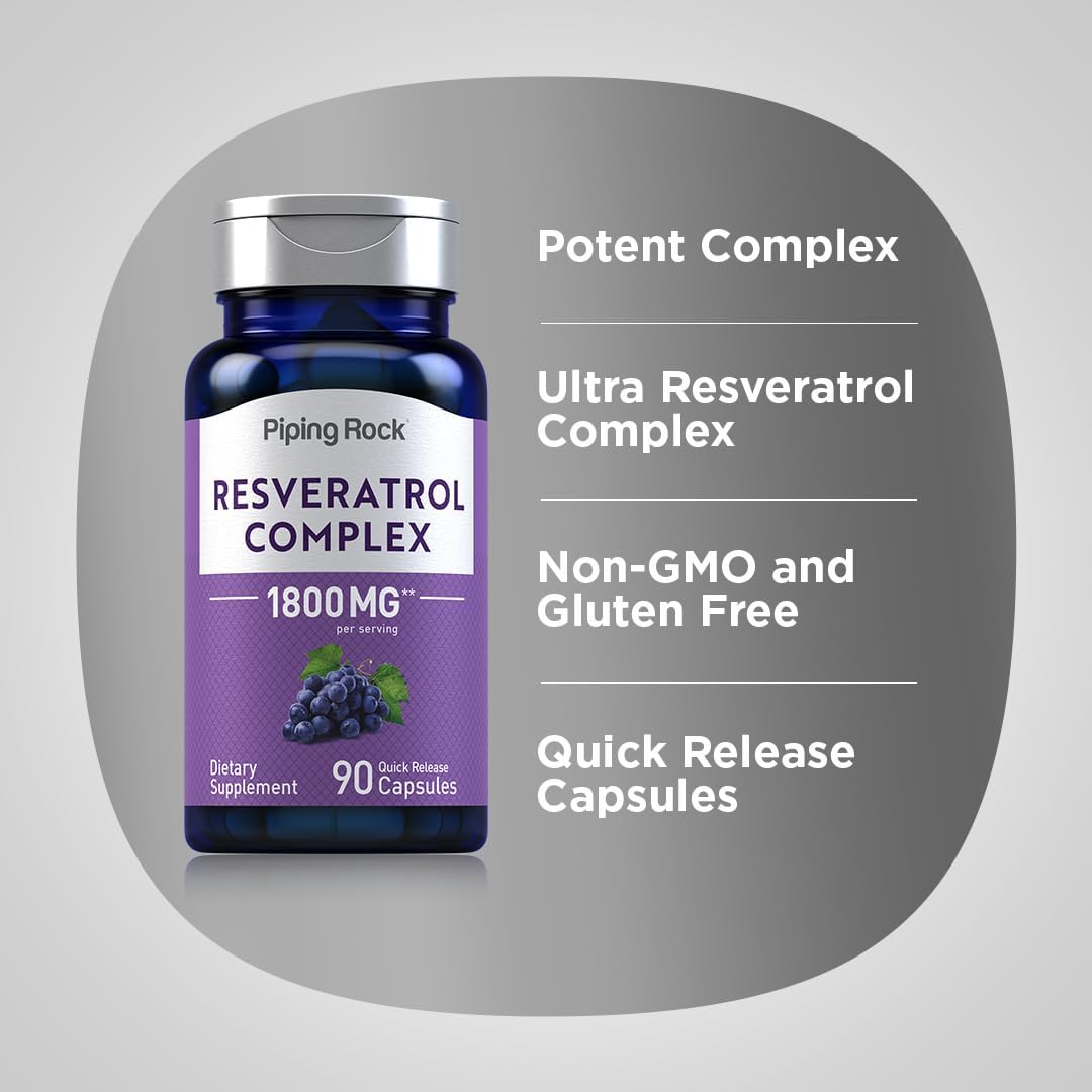 Piping Rock Resveratrol Complex | 90 Capsules | Ultra Potent Formula | Non-GMO, Gluten Free Supplement