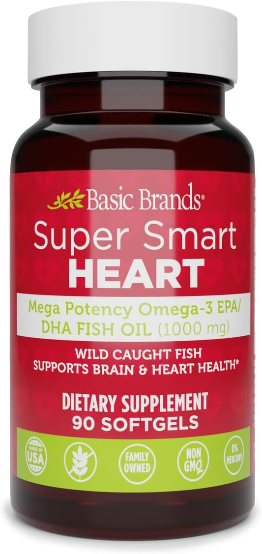 Basic Brands Super Smart Heart Omega Triple Strength, 1,000 mg 90 Count | EPA & DHA for Heart, Brain & Joint Support, Purified, Wild-Caught, Non-GM