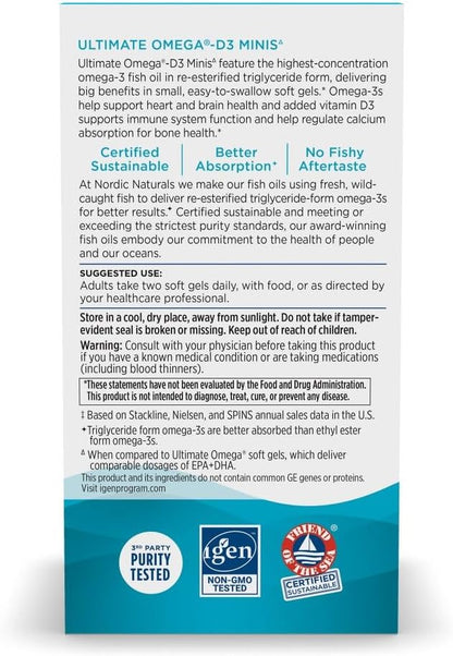 Nordic Naturals Ultimate Omega 2X Mini D3, 1120mg+1000IU, Lemon - 60 Count | Ultimate Omega mini soft gels with 1120mg EPA+DHA + 1000 IU D3. Supports brain, heart, bone & immune health. Lemon, 60ct