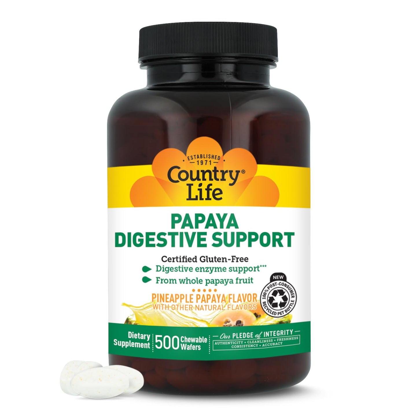 Country Life Papaya Digestive Support, 500 Chewable Wafers | Natural pineapple & papaya Flavor. Assists nutrient absorption, contains papain & protease