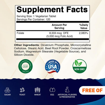 Vitamatic Folic Acid 5 mg (5,000 mcg), 120 Vegetarian Tablets | Vitamin B9 | 8,333 mcg DFE Foalte, Support Red Blood Cell Formation*, Heart & Nervous System Health*, Non GMO, Gluten Free, Made in USA