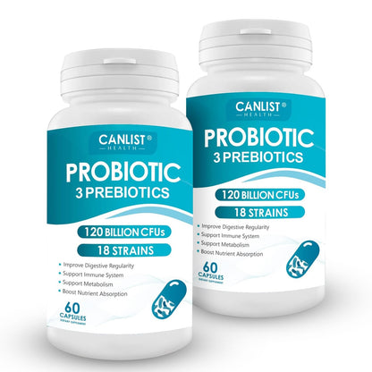 CANLIST Probiotics 120 Billion CFUs 18 Strains, 3 Prebiotics & Digestive Enzymes for Men Women,Digestive & Immune Support,Shelf Stable Non-GMO 60 Capsules