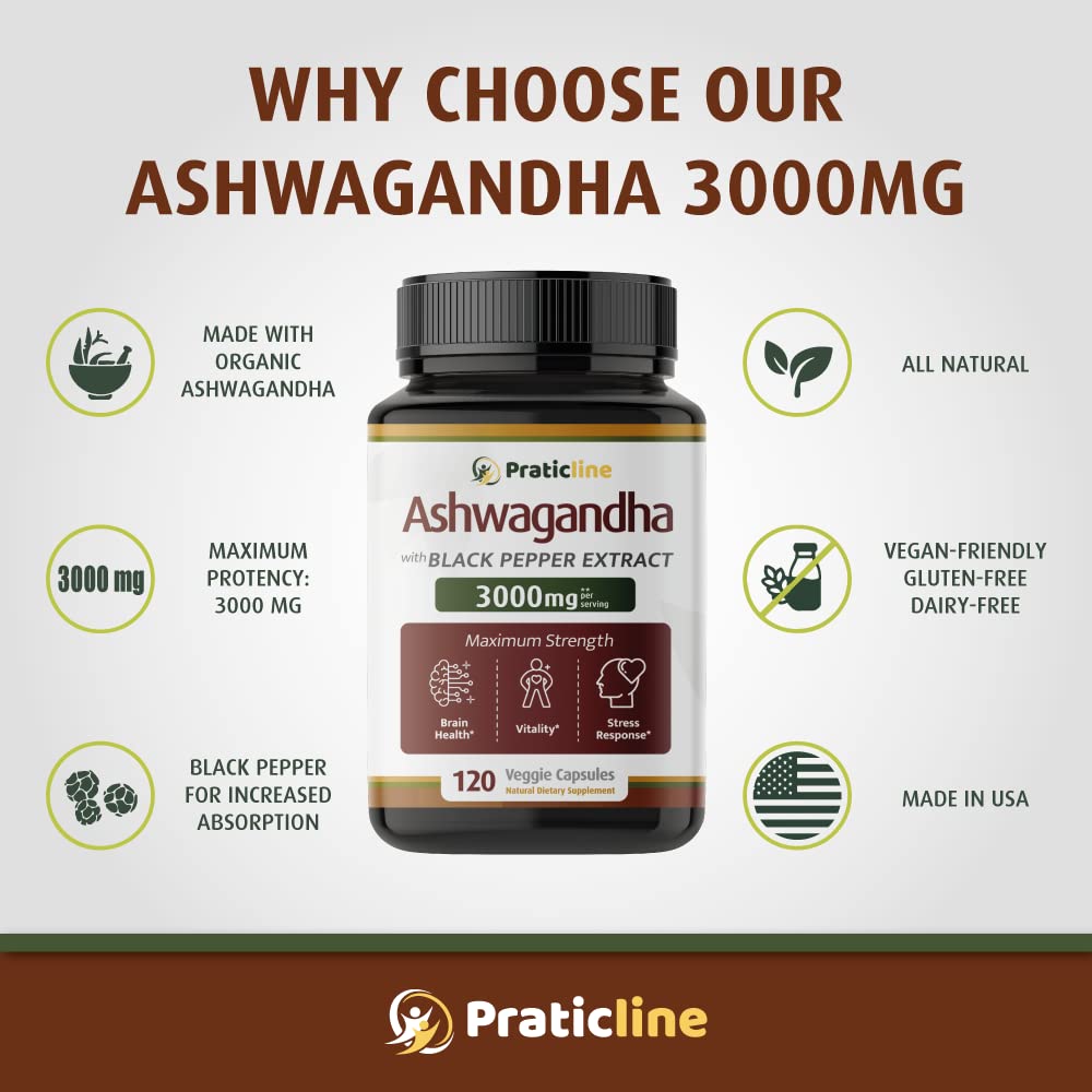 PRATIC LINE Ashwagandha Capsules 3,000 mg - 120 Vegan Cap Made with Organic
