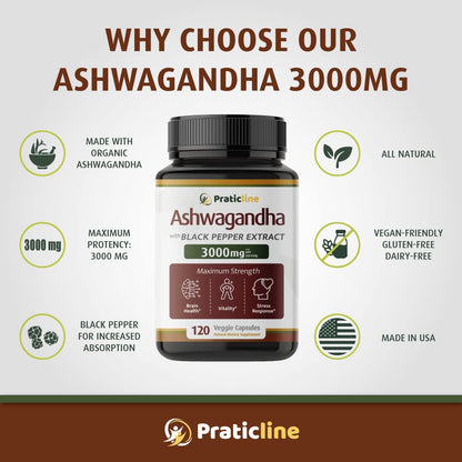 PRATIC LINE Ashwagandha Capsules 3,000 mg - 120 Vegan Cap Made with Organic