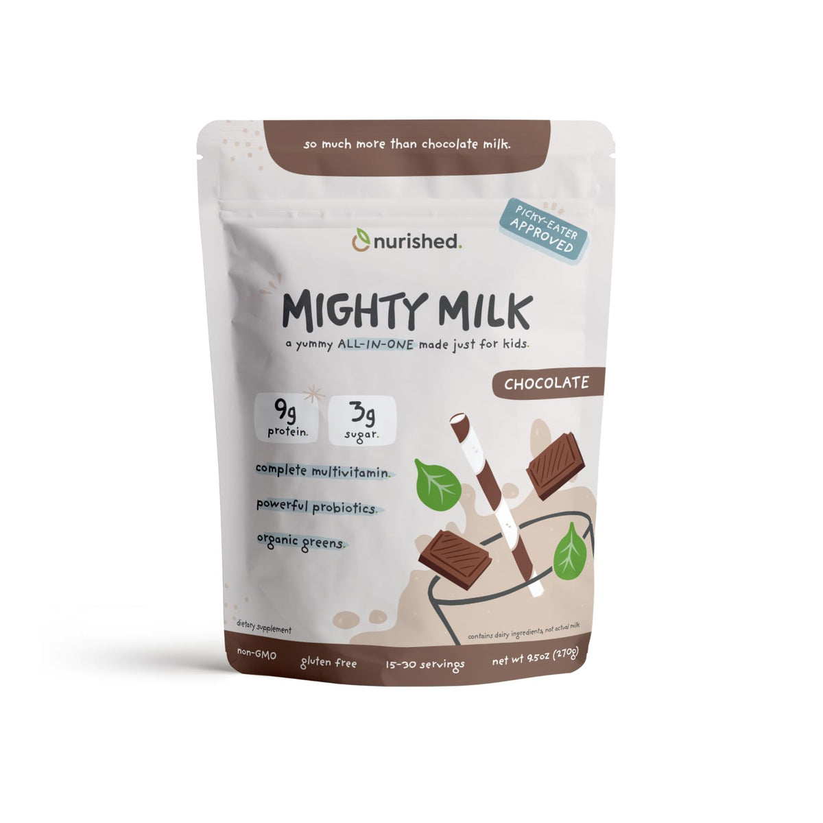 Nurished Mighty Chocolate Milk - Kids Daily Protein Powder Boosted with 2 Billion