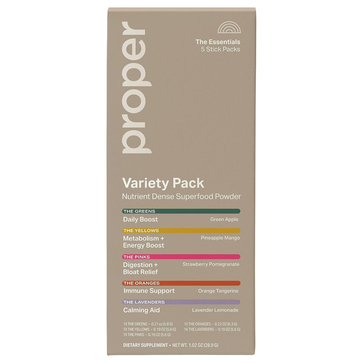 Proper The Essentials Super Foods Powder 5-Stick Variety Pack - Super Greens, Gut Health, Metabolism & Energy, Calm Magnesium Powder & Immune Support Supplement Packs