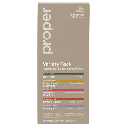 Proper The Essentials Super Foods Powder 5-Stick Variety Pack - Super Greens, Gut Health, Metabolism & Energy, Calm Magnesium Powder & Immune Support Supplement Packs