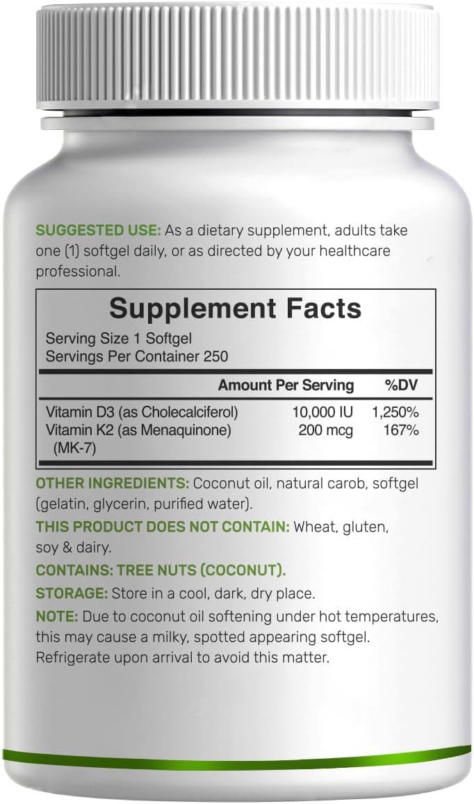 DEAL SUPPLEMENT Vitamin D3 10,000 IU + K2 MK7 200mcg Softgels, 250 Count | 2-in-1 Complex with Virgin Coconut Oil | Easy to Swallow