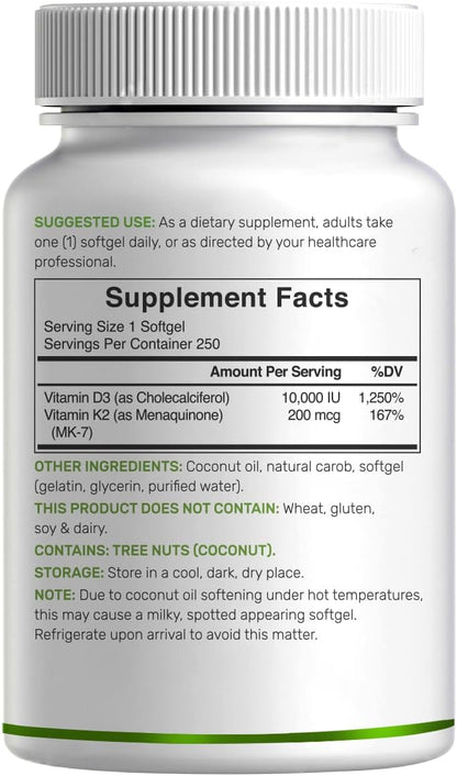 DEAL SUPPLEMENT Vitamin D3 10,000 IU + K2 MK7 200mcg Softgels, 250 Count | 2-in-1 Complex with Virgin Coconut Oil | Easy to Swallow