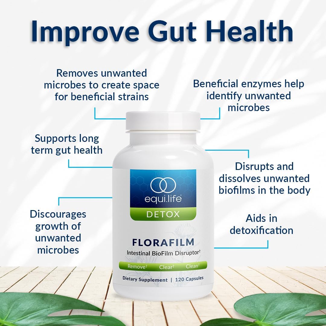 Equilife FloraFilm Enzyme Blend, Supports Gut Health, 120 Capsules | Helps Distrupt Microbal Biofilms | Aids in Detox & Immune Function | Gluten Free | Vegan | Non-GMO | Nut, Dairy, & Egg Free