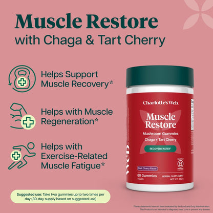 Charlotte's Web Muscle Restore Mushroom Gummies for Adults — Chaga & Tart Cherry Supplement for Muscle Recovery and Fatigue — Vegan, Kosher, Non-GMO (Dark Cherry Flavor, 30 Servings)