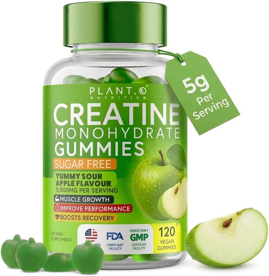 Creatine Monohydrate Gummies Sugar Free – 5000mg (5g) Per Serving (4 Gummies), 120 Count – Crisp Sour Green Apple Flavor – No Mixing – Vegan Creatine Gummies for Men & Women, Non-GMO, Gluten Free