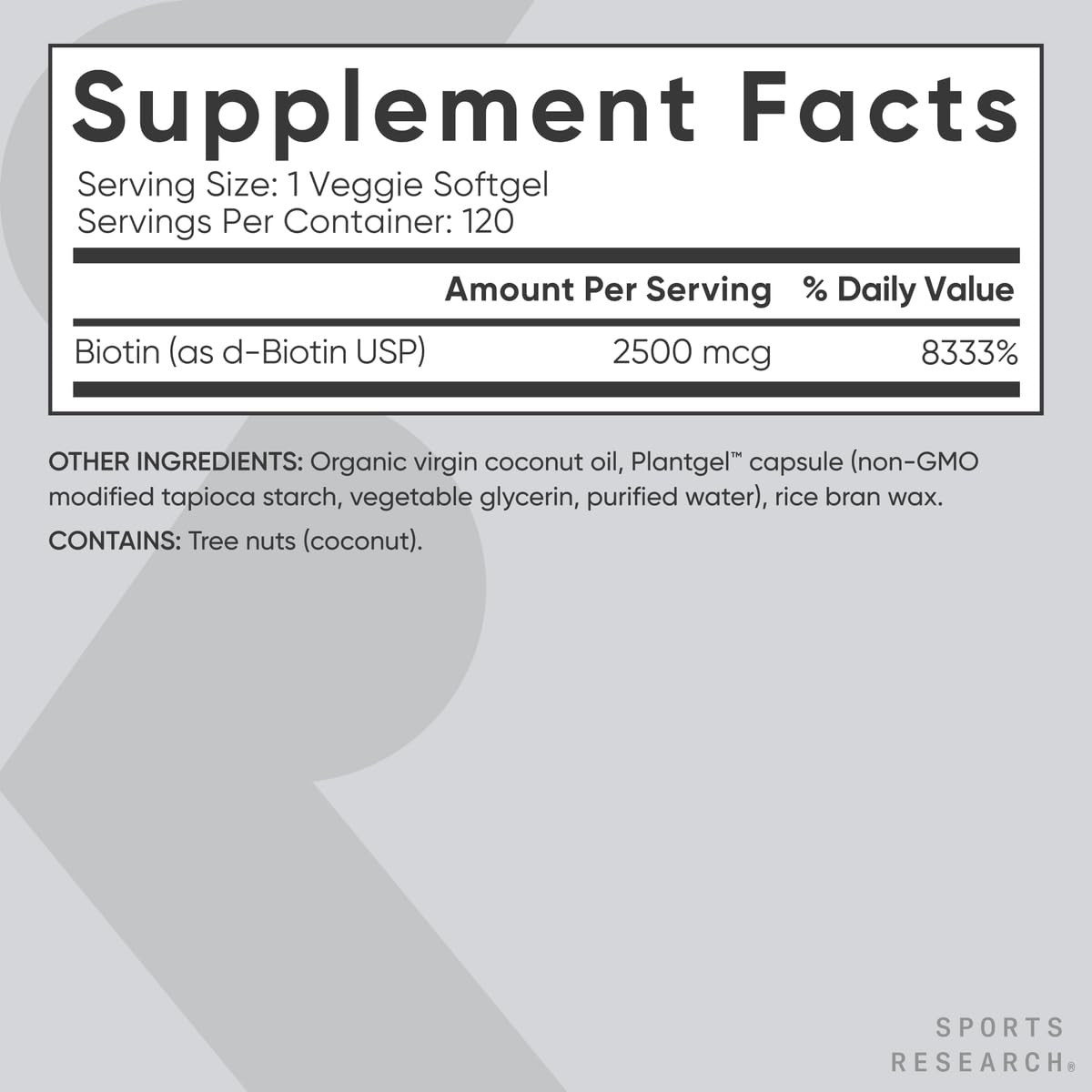 Sports Research® Biotin 10,000mcg with Organic Coconut Oil - Biotin (Vitamin B7) for Healthy Skin and Hair Support* - for Women and Men - Vegan, Non-GMO, Gluten & Soy-Free - 120 Veggie Softgels