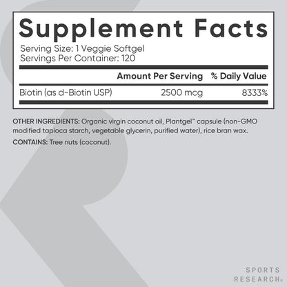 Sports Research® Biotin 10,000mcg with Organic Coconut Oil - Biotin (Vitamin B7) for Healthy Skin and Hair Support* - for Women and Men - Vegan, Non-GMO, Gluten & Soy-Free - 120 Veggie Softgels