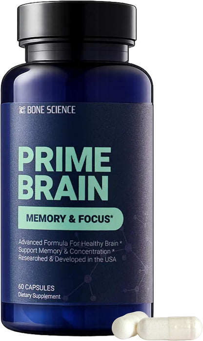 BONE SCIENCE Prime Brain Memory & Focus Support Supplement for Adults, Alpha GPC, Ginkgo Biloba, L-Theanine, Rhodiola, L-Tyrosine & Guarana, Cognitive Support Formula, 60 Capsules