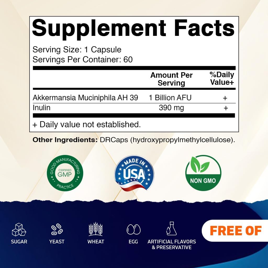 Vitamatic Akkermansia Muciniphila Gut Health - 60 DR Capsules (Delayed Released) - Made with Prebiotic Inulin Fiber