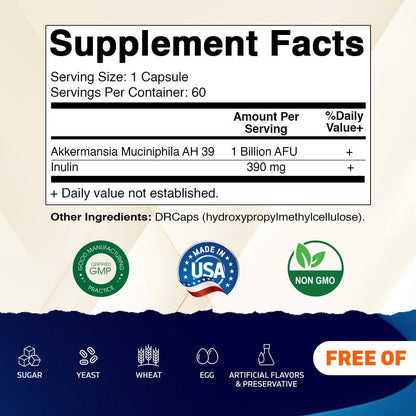 Vitamatic Akkermansia Muciniphila Gut Health - 60 DR Capsules (Delayed Released) - Made with Prebiotic Inulin Fiber