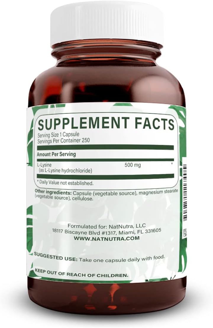 Natural Nutra L Lysine HCl Supplement, Vegan, 500 mg, 250 Capsules | Promotes Bone Health & Growth, Supports Skin Health, Improves Vitamin C Absorption, Improves Calcium Absorption, Non-GMO