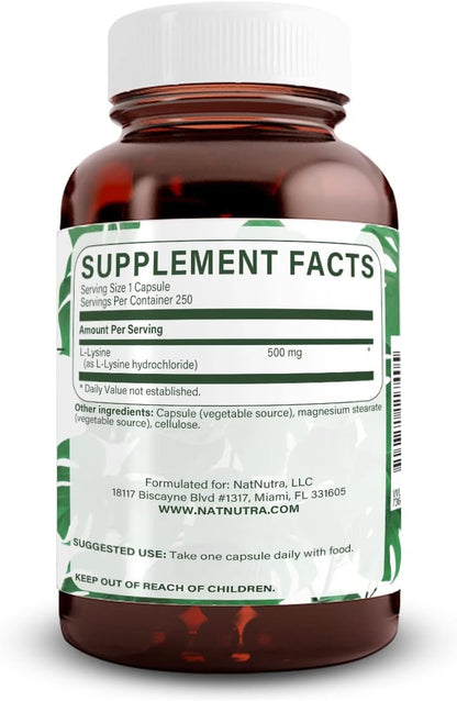 Natural Nutra L Lysine HCl Supplement, Vegan, 500 mg, 250 Capsules | Promotes Bone Health & Growth, Supports Skin Health, Improves Vitamin C Absorption, Improves Calcium Absorption, Non-GMO