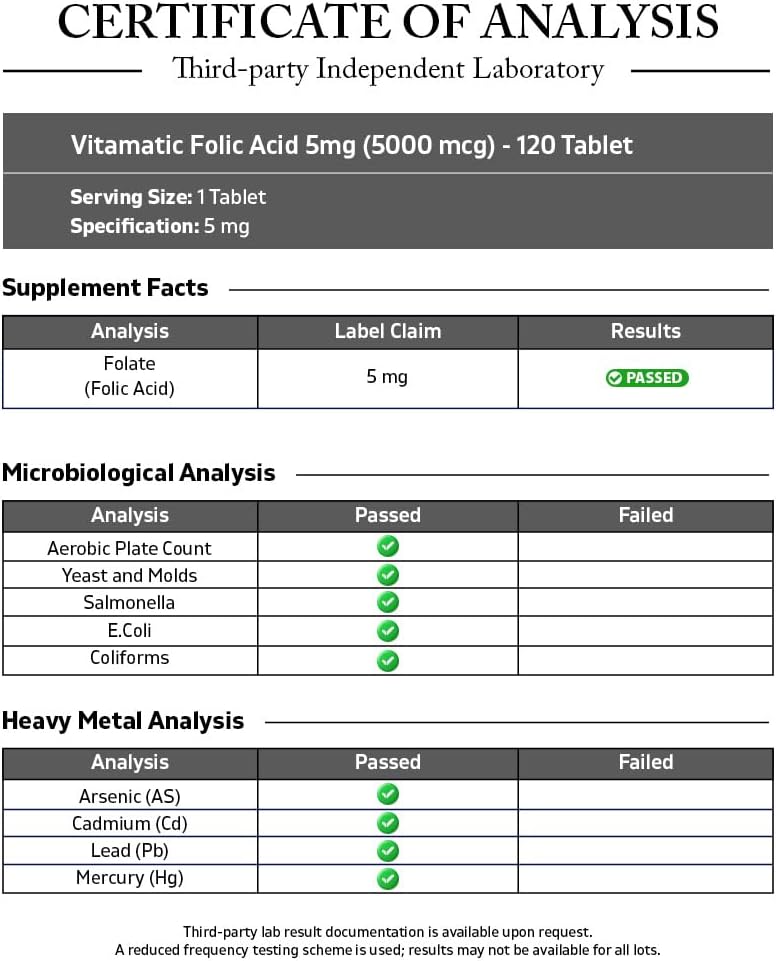 Vitamatic Folic Acid 5 mg (5,000 mcg), 120 Vegetarian Tablets | Vitamin B9 | 8,333 mcg DFE Foalte, Support Red Blood Cell Formation*, Heart & Nervous System Health*, Non GMO, Gluten Free, Made in USA