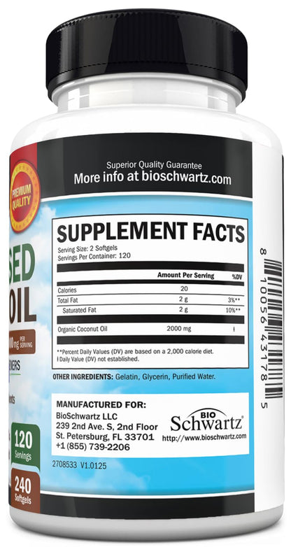Coconut Oil Capsules 2000mg, 120ct, 2 Month Supply