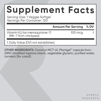 Sports Research® Vitamin K2 as MK-7 100mcg with Coconut MCT Oil - 60 Veggie Softgels (2 Month Supply) Vegan Certified, Non-GMO Verified, Gluten & Soy Free