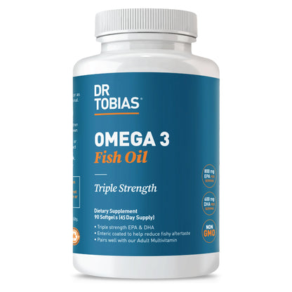Dr. Tobias Omega 3 Fish Oil 2000mg Triple Strength | 180 Softgels | Heart, Brain & Joint Support | 2,000 mg Fish Oil | 800 mg EPA + 600 mg DHA | Delayed Release Omega 3 Supplement | 90 Servings