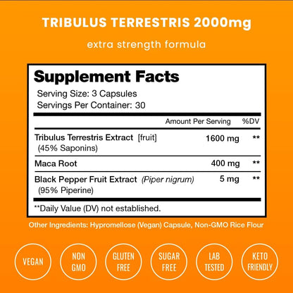 NutraChamps Tribulus Terrestris for Men, 2000mg Supplement Booster for Energy, Vitality, Stamina & Performance, Extra Strength Saponins, 90 Vegan Capsules
