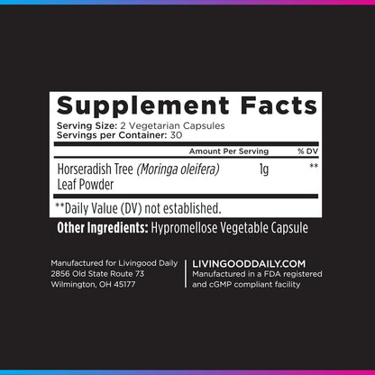Livingood Daily Moringa Capsules, Moringa Supplement for Energy, Sleep, Satiety, Hair, Skin, Nails & Wellness, Plant Based Vegetarian, Gluten Free, Non GMO, Vegan, Daily Greens Superfood, 60 Capsules