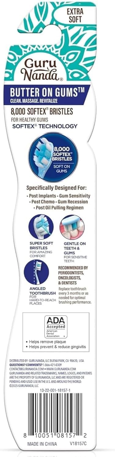 GuruNanda Butter On Gums Toothbrush, ADA Accepted, with 8000+ Ultra Soft Softex Bristles for Sensitive & Receding Gums, Perfect for Whiter Teeth, 8 Ct