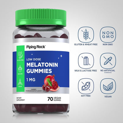 Piping Rock Melatonin Gummies 1 mg | 60 Count | Low Dose Supplement for Kids and Adults | Cherry Pomegranate Flavor | Vegan, Non-GMO, Gluten Free