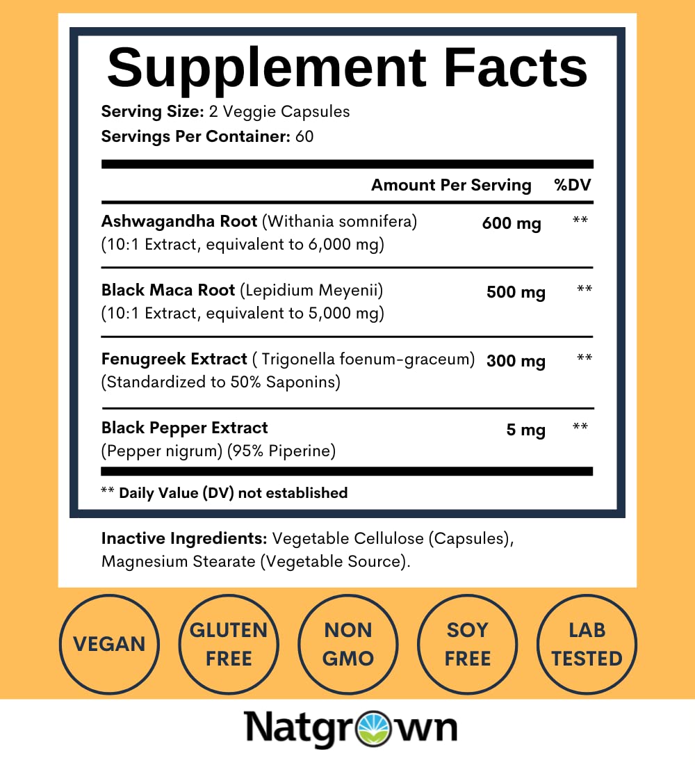 Natgrown Ashwagandha Maca Root Fenugreek Extract Capsules Supplement