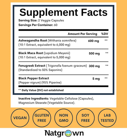 Natgrown Ashwagandha Maca Root Fenugreek Extract Capsules Supplement
