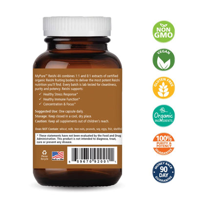 PURE ESSENCE LABS MyPure Reishi 4X Organic Mushrooms Supplement - 100% Real Mushroom Extract for Immune Support, Stress Relief, Build Energy (60 Capsules)