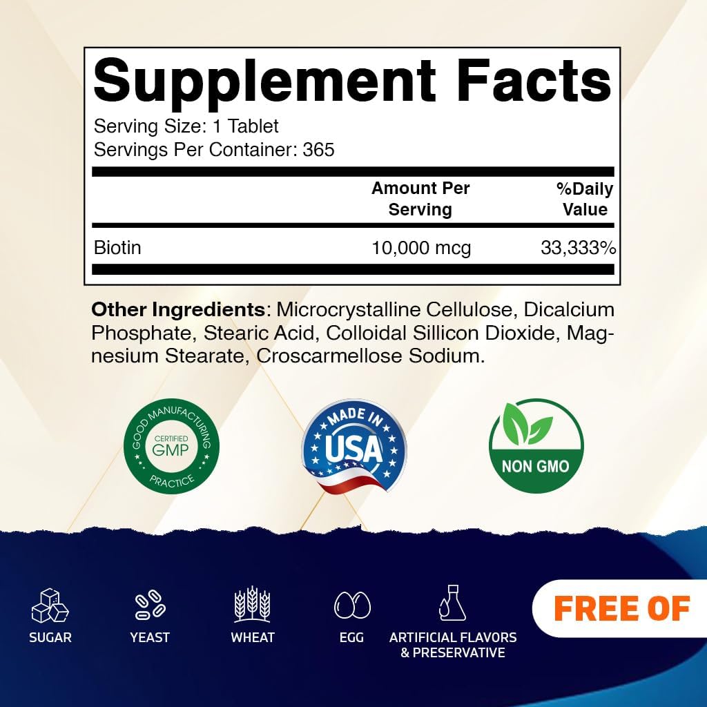 Vitamatic Biotin 10,000 mcg (10 mg) for Stronger Hair, Skin & Nails - 365 Vegan Tablets- Also Called Vitamin B7