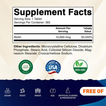 Vitamatic Biotin 10,000 mcg (10 mg) for Stronger Hair, Skin & Nails - 365 Vegan Tablets- Also Called Vitamin B7