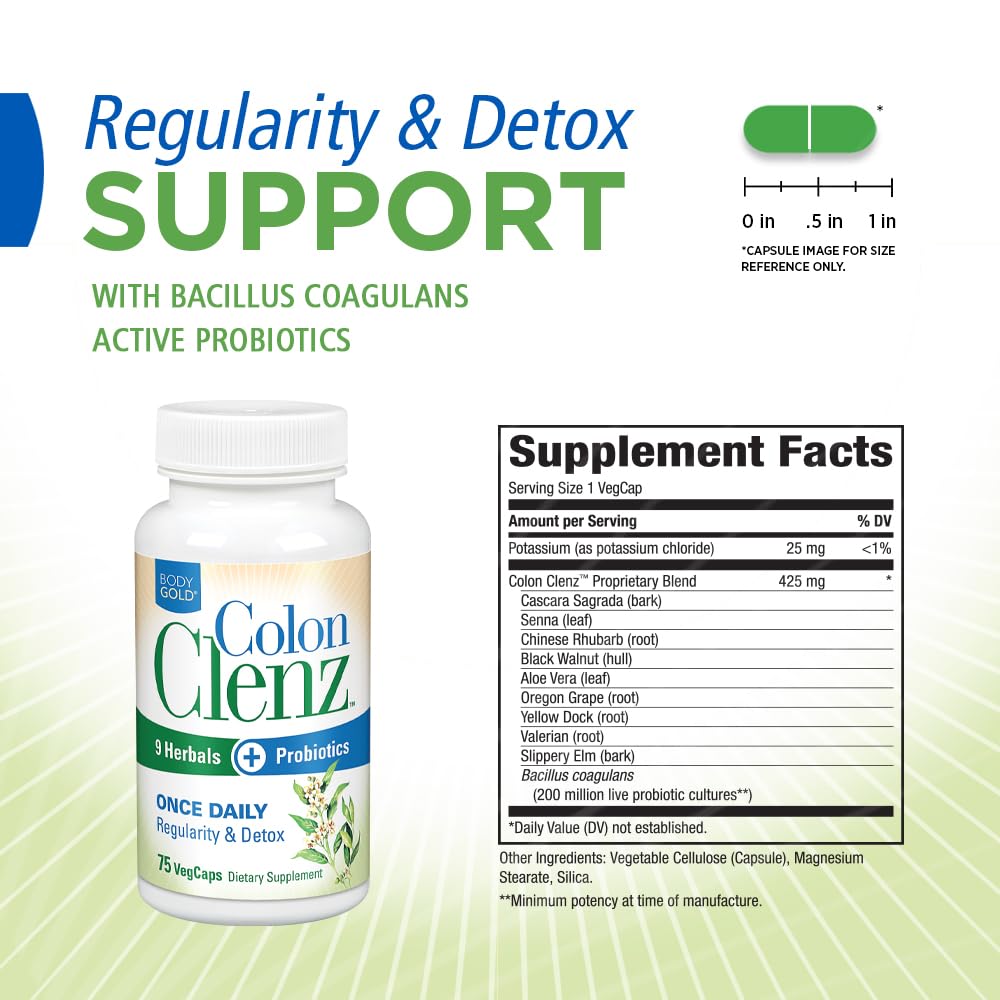 Body Gold Colon Clenz & Detox Overnight Formula | Once Daily with 9 Herbs + Active Probiotics | Constipation Relief for Adults | Bloating Relief for Women & Men | 75 Capsules