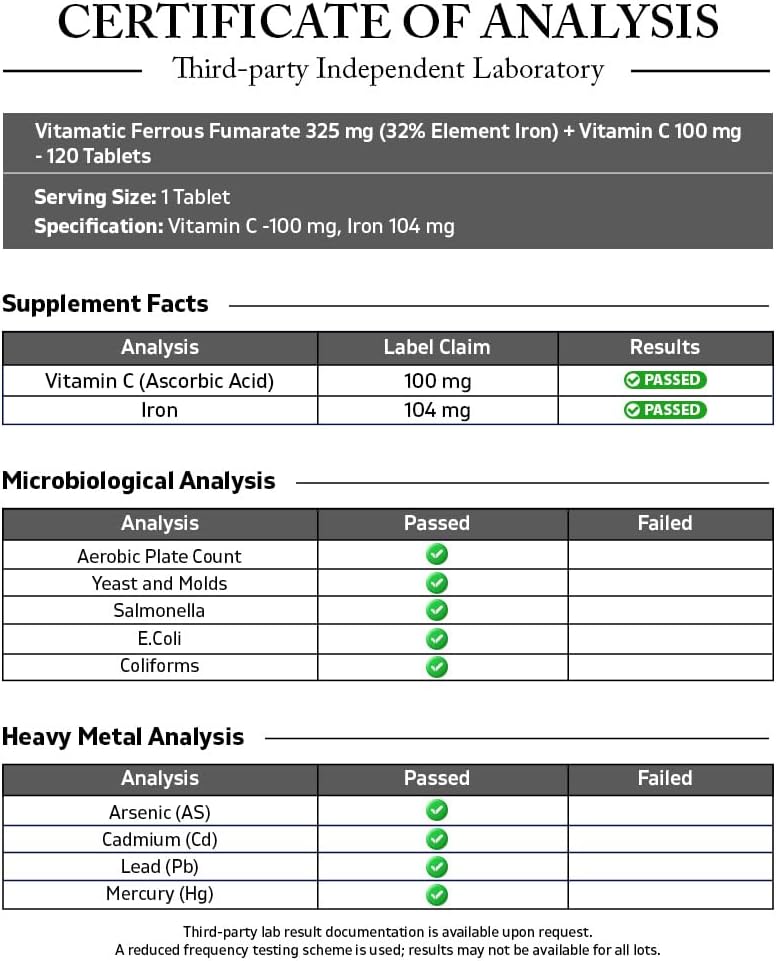Vitamatic Ferrous Fumarate 325 mg + Vitamin C 100 mg (104 mg Elemental Iron) – High Potency Iron Supplement – Gentle on Stomach, 120 Coated Tablets, Made in USA