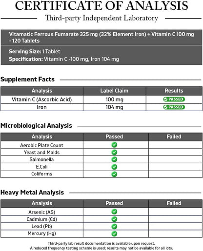 Vitamatic Ferrous Fumarate 325 mg + Vitamin C 100 mg (104 mg Elemental Iron) – High Potency Iron Supplement – Gentle on Stomach, 120 Coated Tablets, Made in USA
