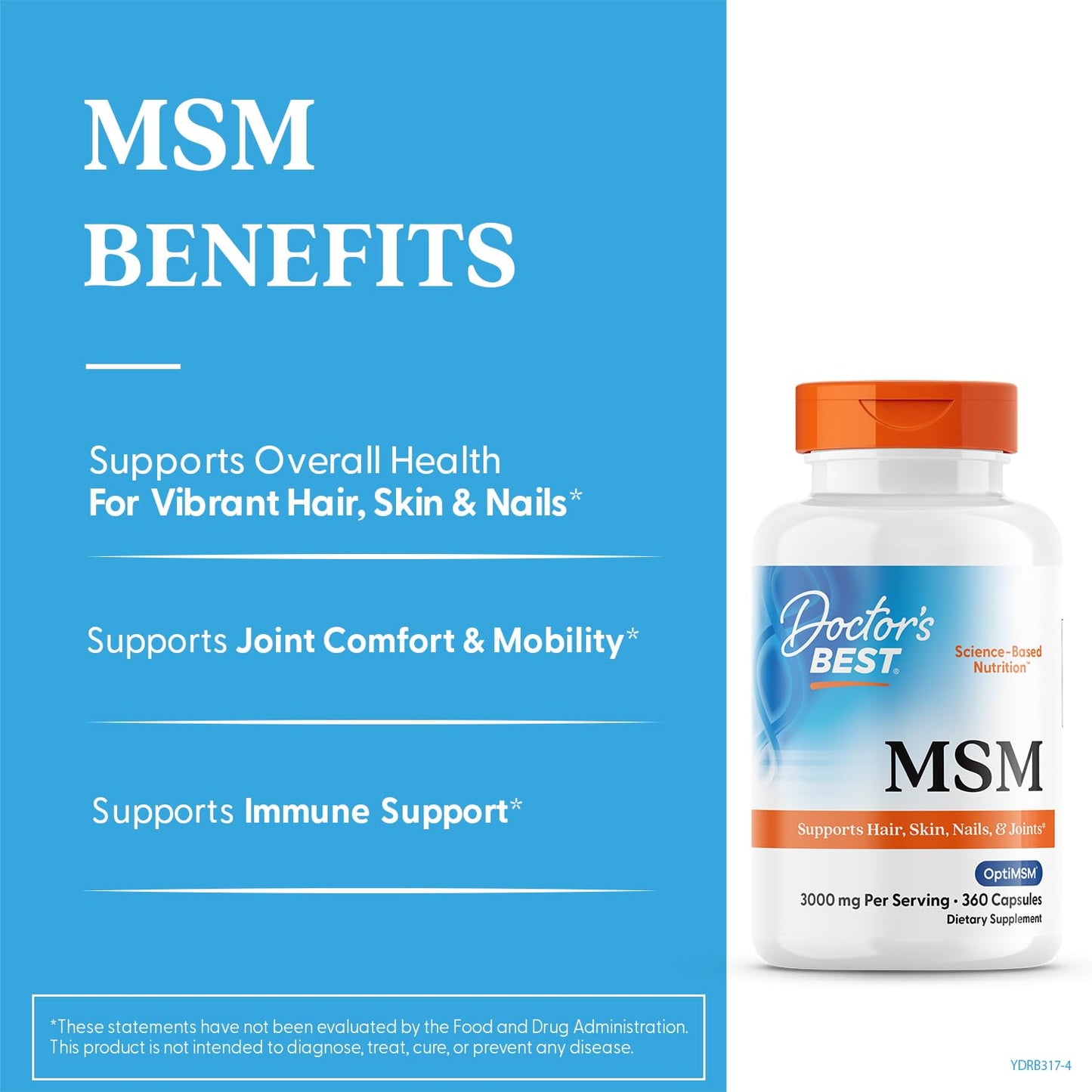 Doctor's Best MSM Supplement Capsules for Men & Women - Supports Hair, Skin, Nails, Joint Health & Mobility, 3000 mg Per Serving, Delivers Beneficial Sulfur w/ OptiMSM, Gluten Free, Non GMO - 360 Caps