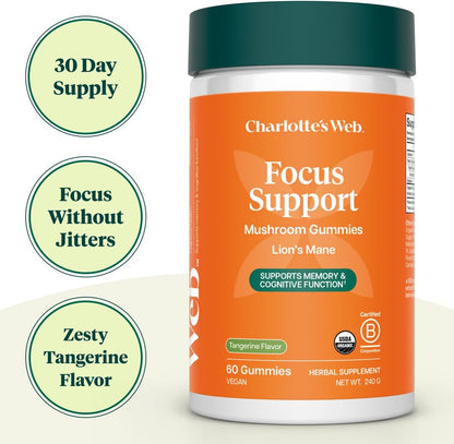 Charlotte's Web Focus Support Mushroom Gummies for Focus and Energy w/Lion’s Mane, Natural Cognitive Support Lions Mane Gummies for Adults — Tangerine Flavor (30 Servings)
