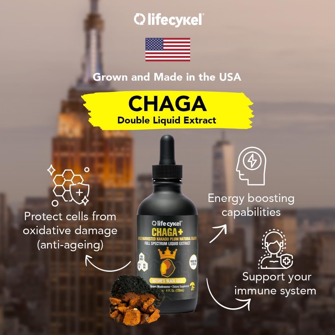 Life Cykel - Chaga Mushroom Extract with Kakadu Plum - Double Extracted Mushroom Tincture - Non-GMO Immune Support Supplement for Adults and Kids - 1 Fl Oz