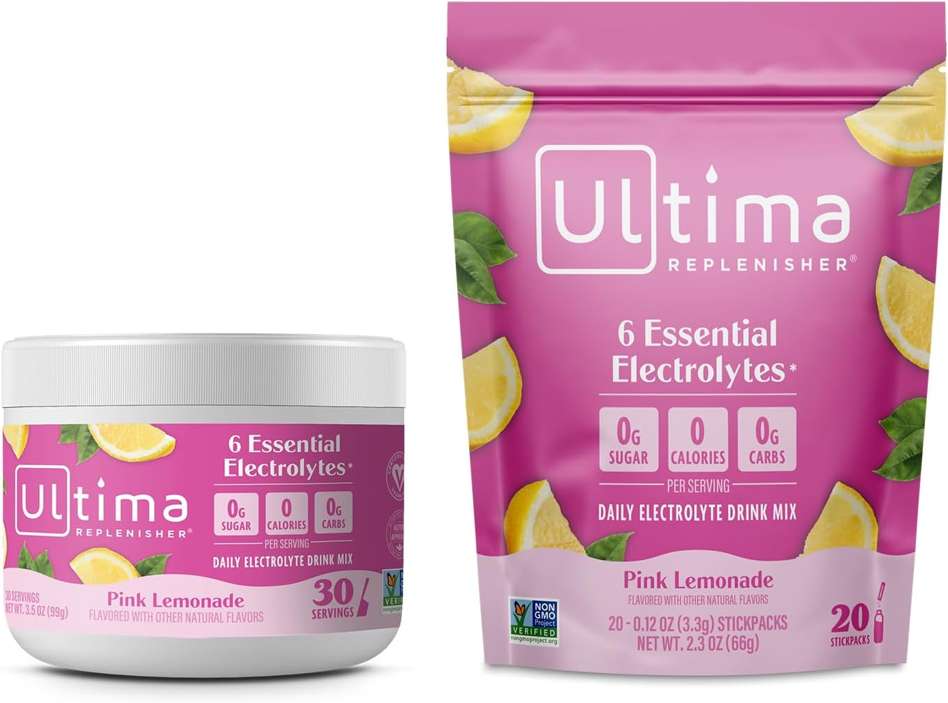 Ultima Replenisher Electrolyte Powder Drink Mix Bundle – Sugar Free – Pink Lemonade, 30 Serving Canister and 20 Stickpacks – 6 Electrolytes and Minerals – Keto Friendly, Vegan, Non-GMO