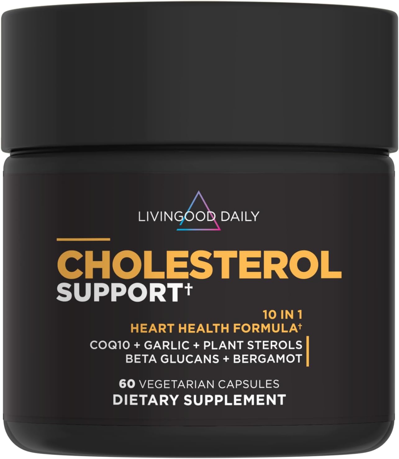 Livingood Daily Cholesterol Support Supplement with Garlic, CoQ10, Vitamin E, Bergamot, Plant Sterols for Body and Heart Health Support, Supports LDL and Triglycerides, Gluten Free, Vegan, 60 Capsules