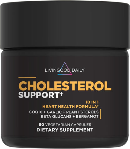 Livingood Daily Cholesterol Support Supplement with Garlic, CoQ10, Vitamin E, Bergamot, Plant Sterols for Body and Heart Health Support, Supports LDL and Triglycerides, Gluten Free, Vegan, 60 Capsules