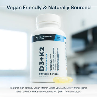 Transparent Labs Vitamin D3 K2 - Vitamin D & K2 Vitamin Supplement for Men & Women, Vegan-Friendly D3K2 5000 IU Supplements to Support Bone, Immune, and Overall Health - K2 D3 60 Capsules