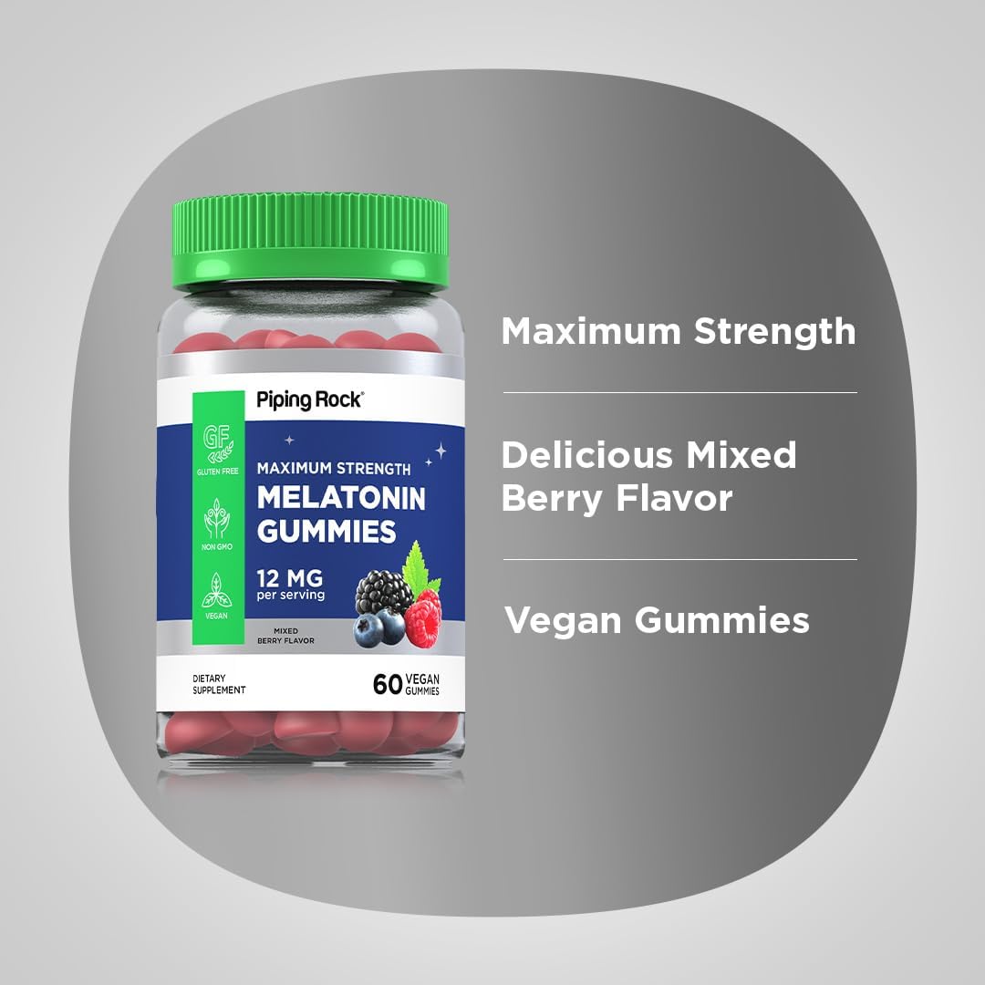 Piping Rock Melatonin Gummies 12mg | 60 Count | Maximum Strength Supplement for Adults | Berry Flavor | Vegan, Non-GMO, Gluten Free