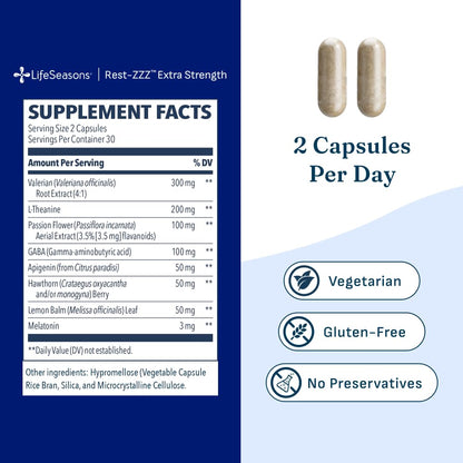 LifeSeasons Rest-ZZZ - Natural Sleep Support Supplement - Fall Asleep & Stay Asleep - Calms Nervous System - Ease Muscle Tension & Restlessness - Low Dose Melatonin GABA & Chamomile - 60 Capsules
