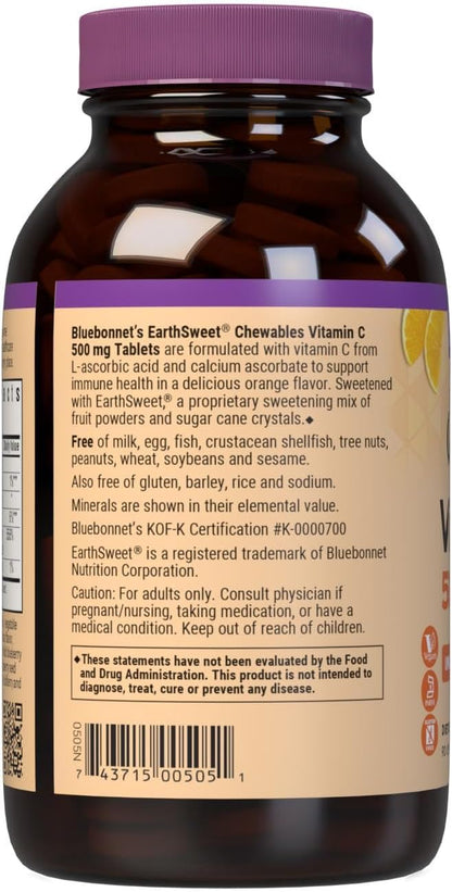 Bluebonnet Nutrition EarthSweet Vitamin C 500 mg Powerful Antioxidant Protection & Immune Health Support Supplement - Maximum Absorption - Gluten-Free, Vegan - Flavor - Chewable Tablets Orange, 90 Count (Pack of 1)
