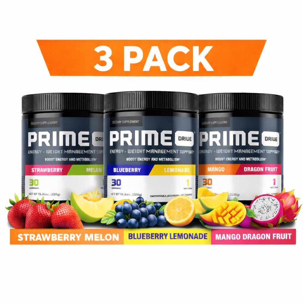 PRIME DRIVE 3 PACK + FREE SHAKER (STRAWBERRY MELON- BLUEBERRY LEMONADE- MANGO DRAGONFRUIT)